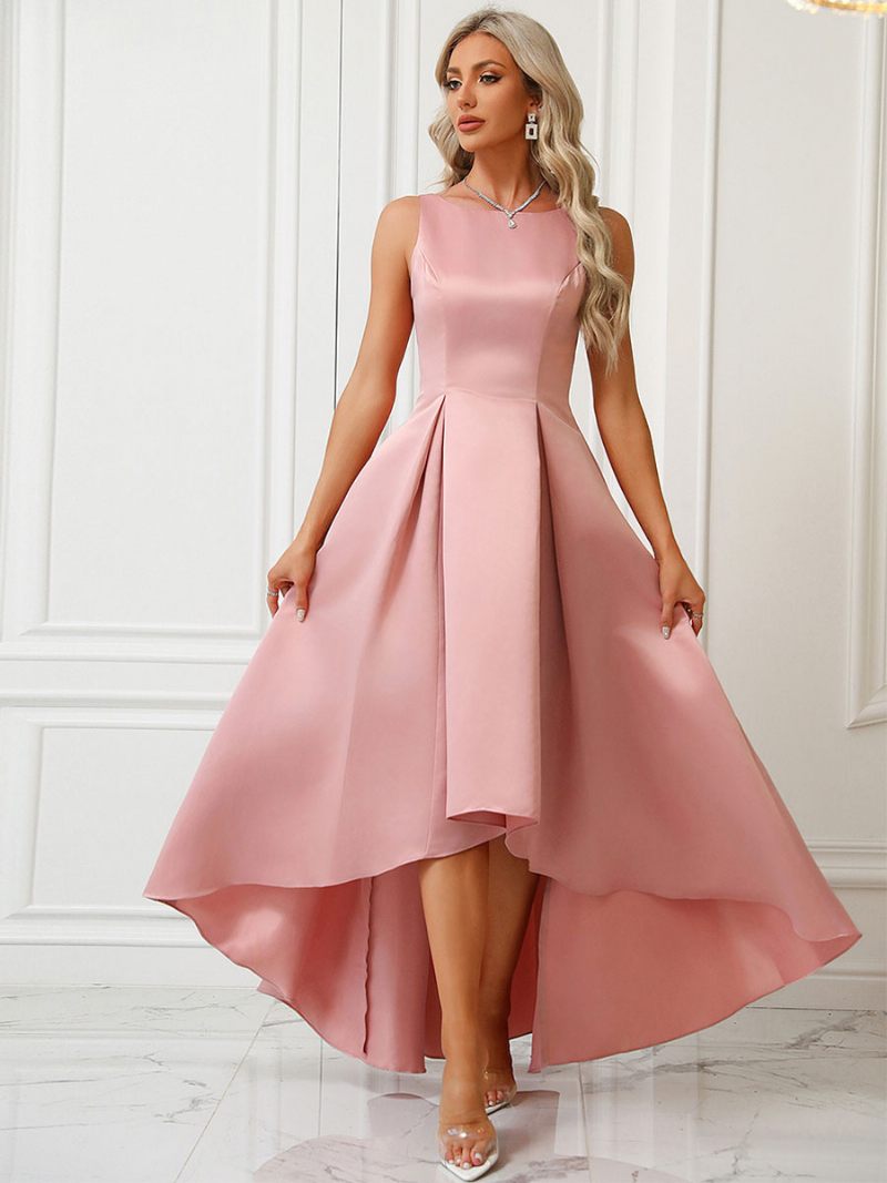 Robe Longue Rose Pour Femmes Sans Manches Dos V Froncée Robes Bal Fête - Rose