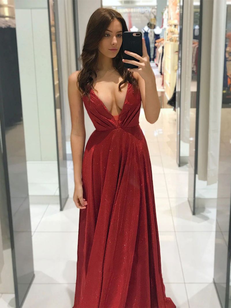 Robe Longue Sans Manches Pour Femme Décolleté Plongeant Dos À Lacets Corsage Plissé Bal - Rouge