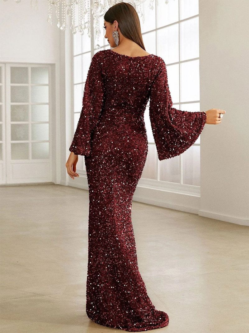 Robe Longue Sirène À Paillettes Pour Femmes Décolleté Cœur Robes Bal Élégantes - Bourgogne