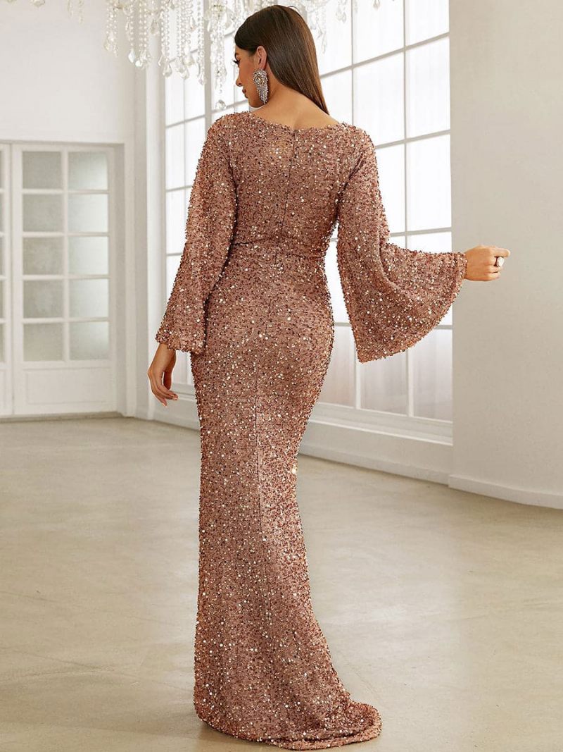 Robe Longue Sirène À Paillettes Pour Femmes Décolleté Cœur Robes Bal Élégantes - Champagne