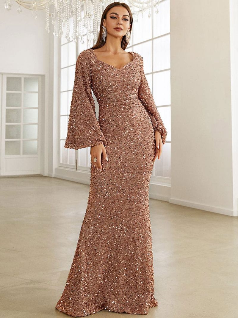 Robe Longue Sirène À Paillettes Pour Femmes Décolleté Cœur Robes Bal Élégantes - Champagne