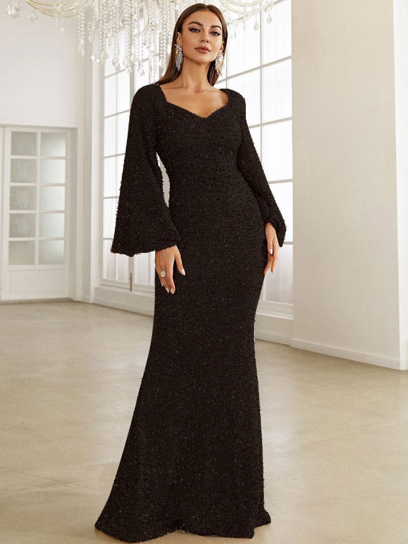 Robe Longue Sirène À Paillettes Pour Femmes Décolleté Cœur Robes Bal Élégantes - Noir