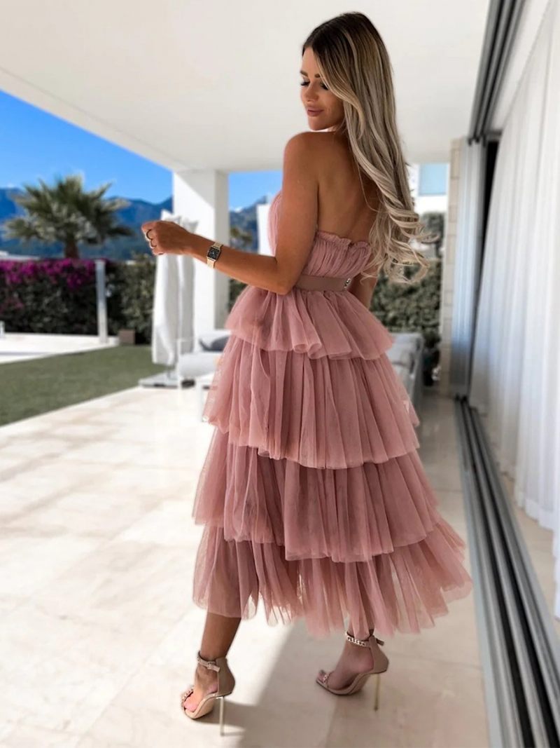 Robe Longue Tulle À Volants Pour Femme Épaules Dénudées Avec Ceinture Superposée Robes Soirée - Rose