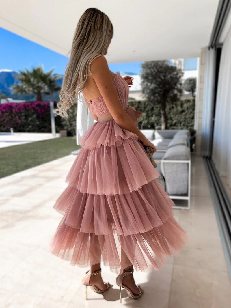 Robe Longue Tulle À Volants Pour Femme Épaules Dénudées Avec Ceinture Superposée Robes Soirée - Rose