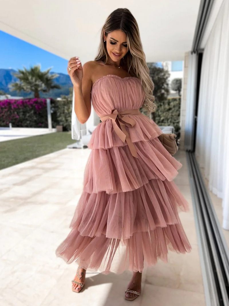 Robe Longue Tulle À Volants Pour Femme Épaules Dénudées Avec Ceinture Superposée Robes Soirée - Rose