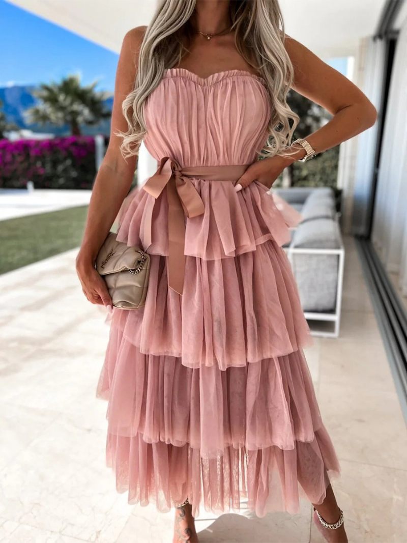 Robe Longue Tulle À Volants Pour Femme Épaules Dénudées Avec Ceinture Superposée Robes Soirée - Rose