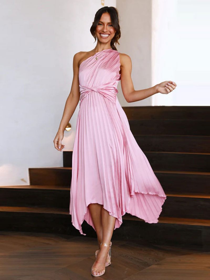 Robe Longue À Une Épaule Pour Femmes Sans Manches Décontractée Longueur Au Sol - Rose