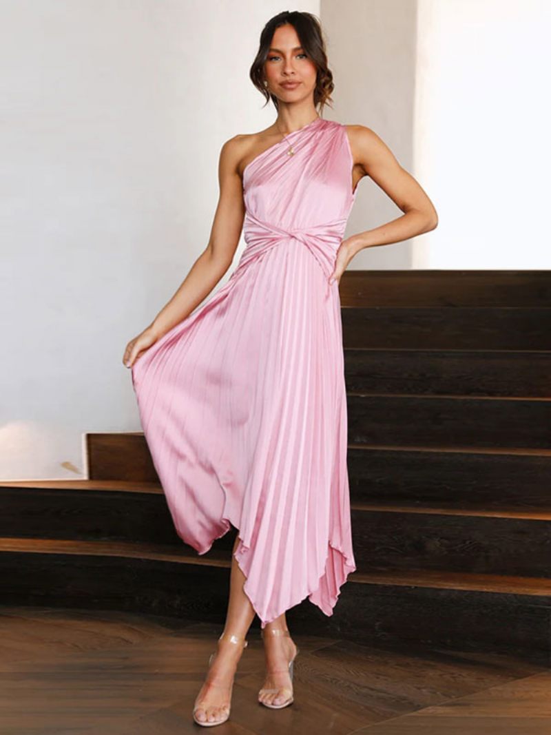 Robe Longue À Une Épaule Pour Femmes Sans Manches Décontractée Longueur Au Sol - Rose