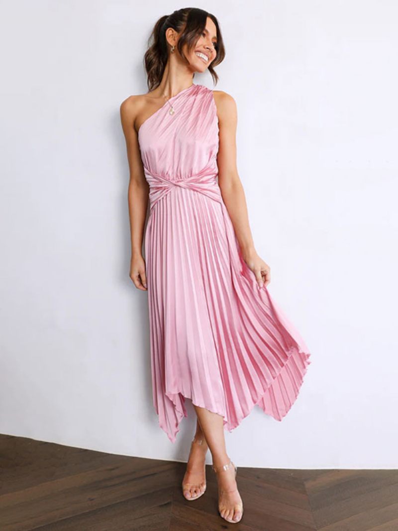 Robe Longue À Une Épaule Pour Femmes Sans Manches Décontractée Longueur Au Sol - Rose