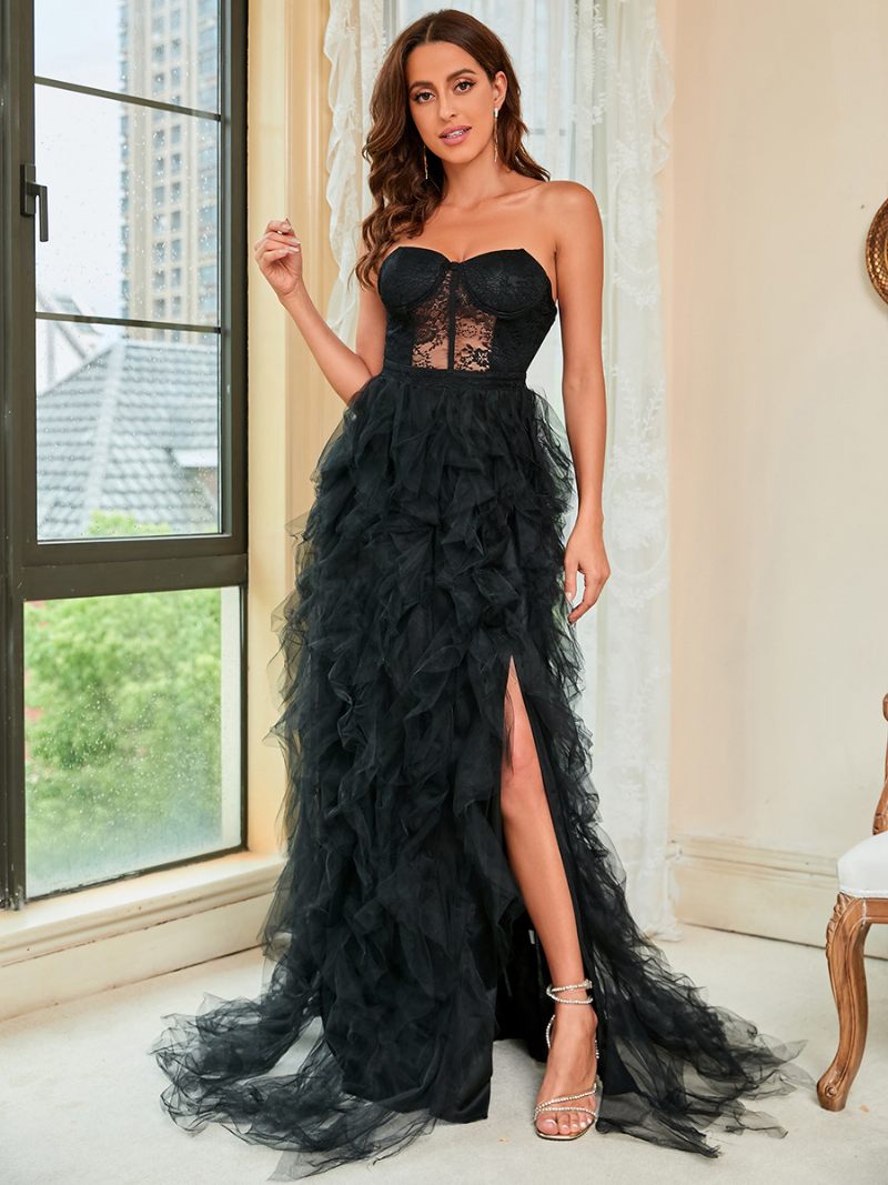 Robe Longue À Volants Pour Femmes Sans Bretelles Manches Classique Robes Fête D'anniversaire