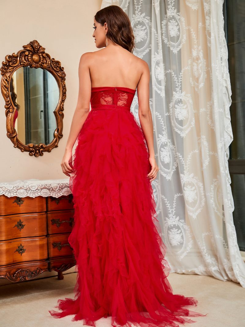 Robe Longue À Volants Pour Femmes Sans Bretelles Manches Classique Robes Fête D'anniversaire - Rouge