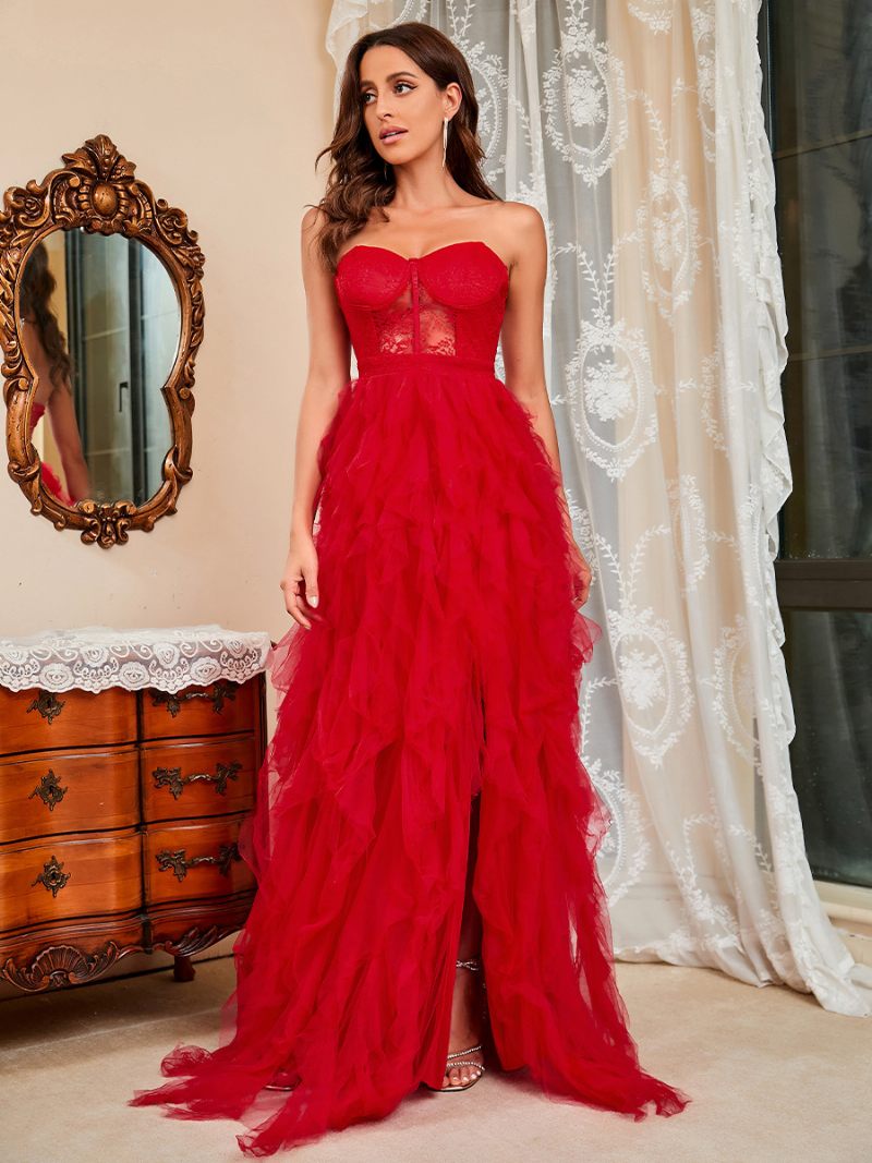 Robe Longue À Volants Pour Femmes Sans Bretelles Manches Classique Robes Fête D'anniversaire - Rouge