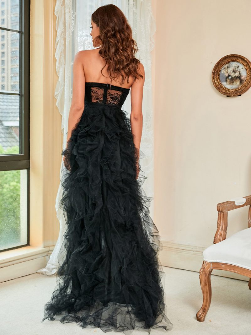 Robe Longue À Volants Pour Femmes Sans Bretelles Manches Classique Robes Fête D'anniversaire - Noir