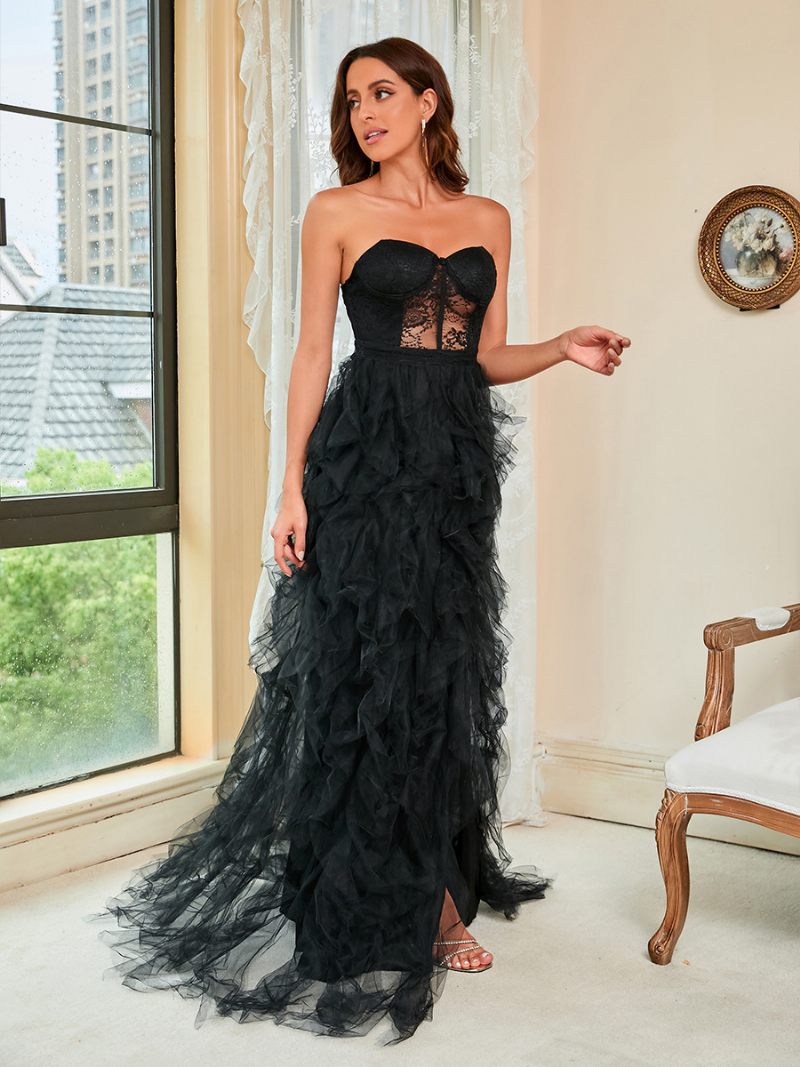 Robe Longue À Volants Pour Femmes Sans Bretelles Manches Classique Robes Fête D'anniversaire - Noir