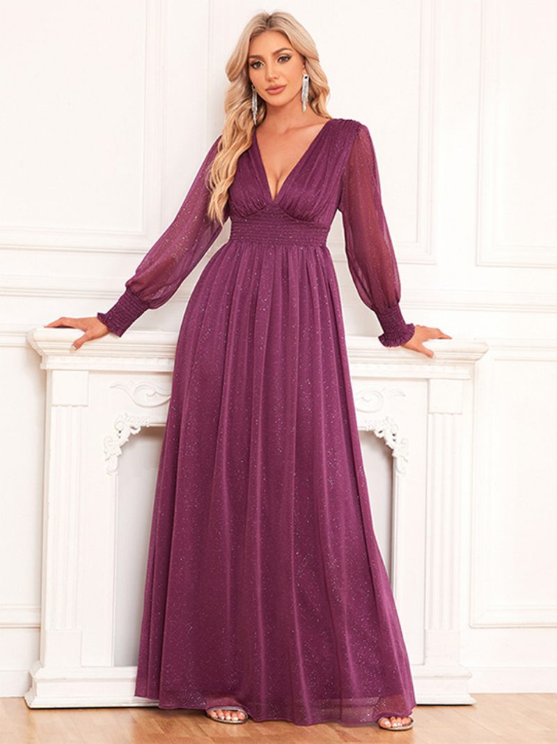 Robe À Manches Illusion Pour Femmes Col V Taille Empire Robes Bal Paillettes