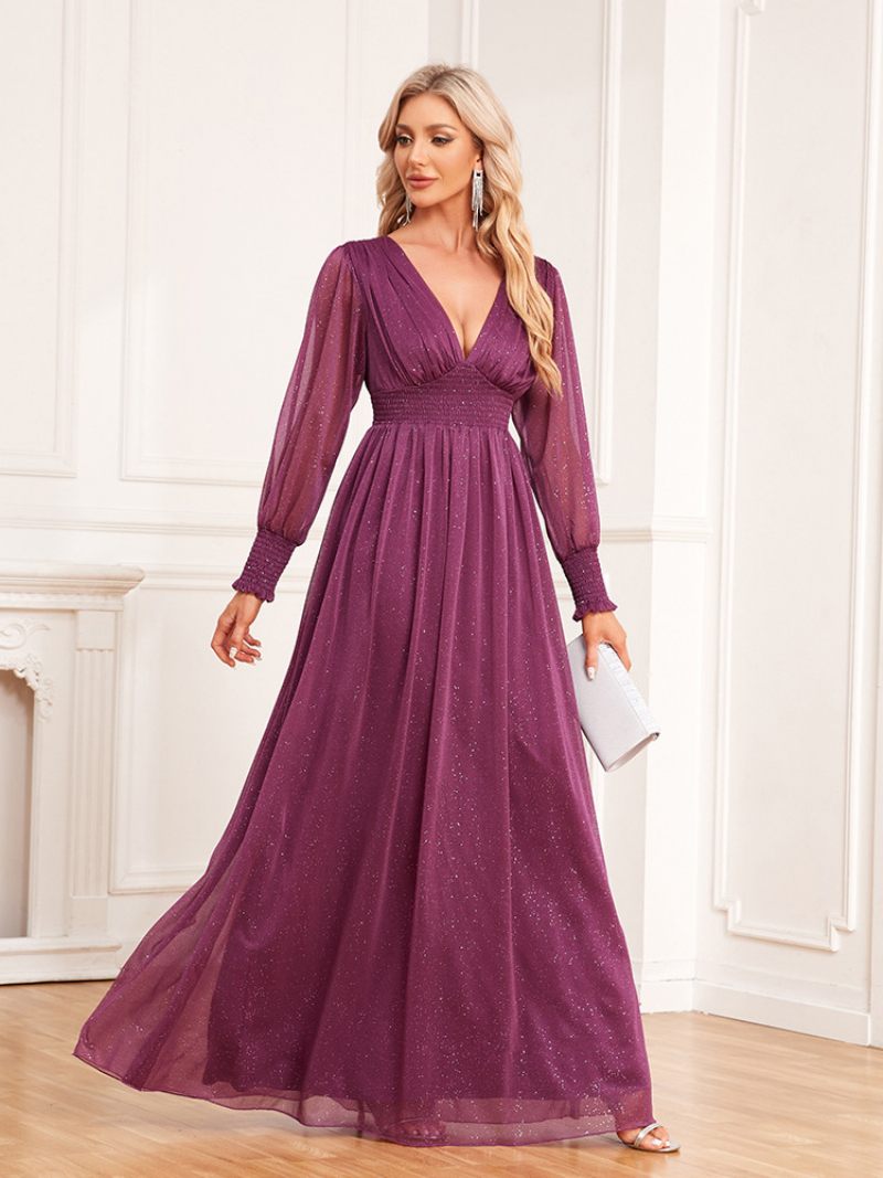 Robe À Manches Illusion Pour Femmes Col V Taille Empire Robes Bal Paillettes - Rouge