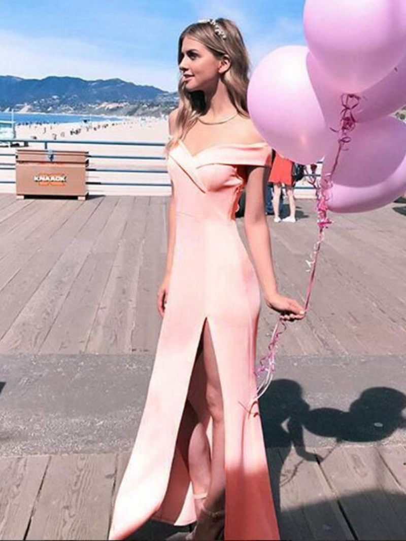 Robe Maxi D'anniversaire Épaules Dénudées Fendue Rose Longue Bal Pour Femmes - Rose