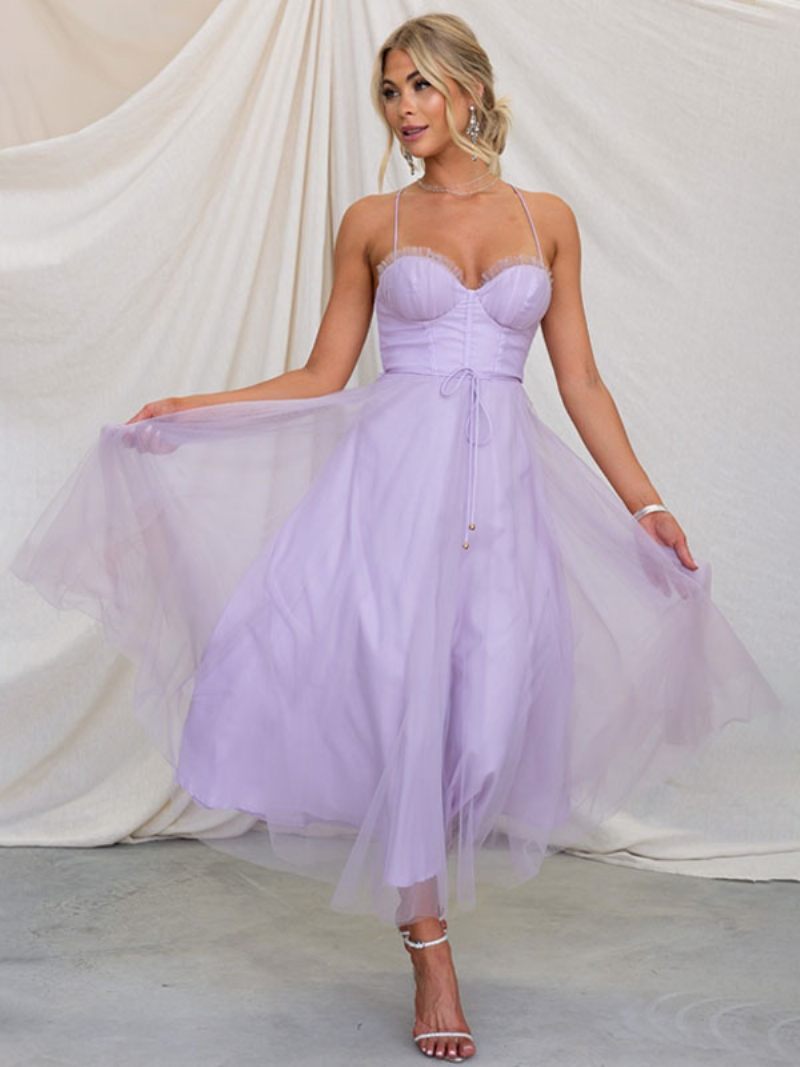 Robe Mi-longue Corest Pour Femmes Bretelles Spaghetti Froncées Jupe Tulle À Lacets - Lavande