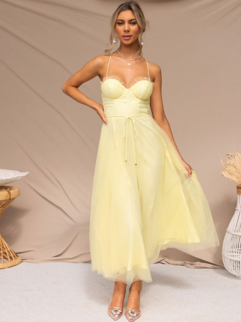 Robe Mi-longue Corest Pour Femmes Bretelles Spaghetti Froncées Jupe Tulle À Lacets - Jaune