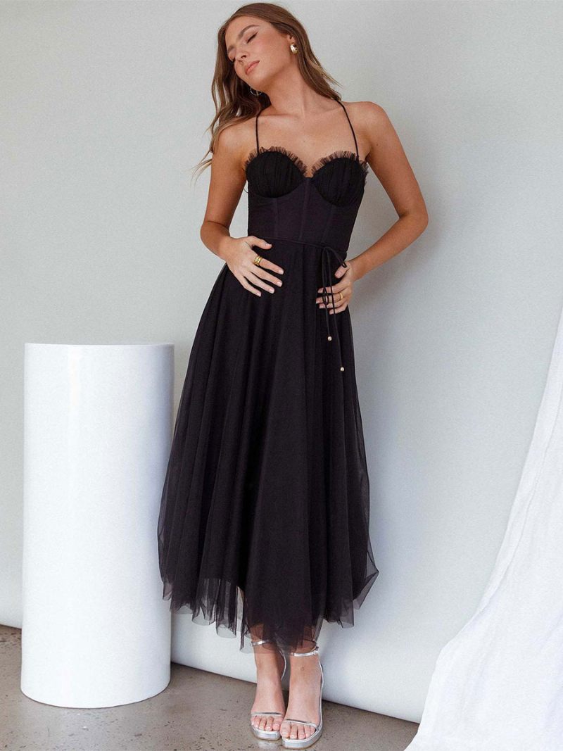 Robe Mi-longue Corest Pour Femmes Bretelles Spaghetti Froncées Jupe Tulle À Lacets - Noir