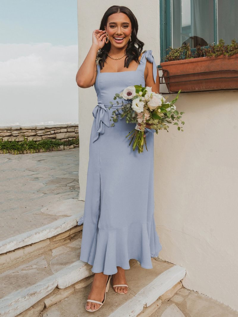 Robe Mi-longue Pour Femmes Col Carré Fente Ceinturée Robes Demoiselle D'honneur Fête D'anniversaire Bal - Bleu