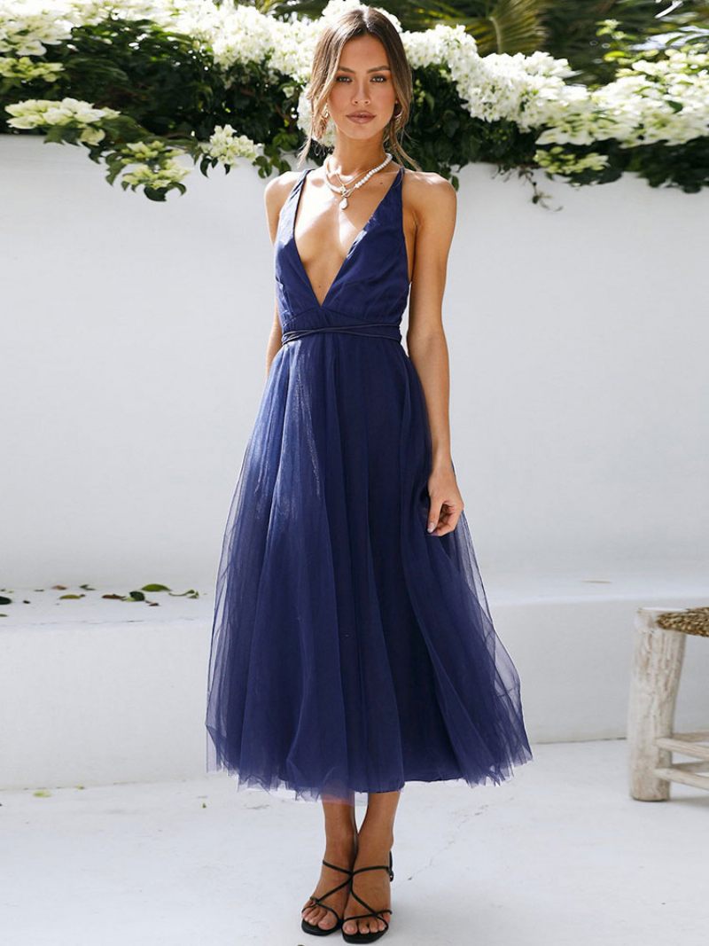 Robe Mi-longue Noire Sans Manches Pour Femmes Tulle Décolleté V Profond Robes Bal D'anniversaire - Bleu