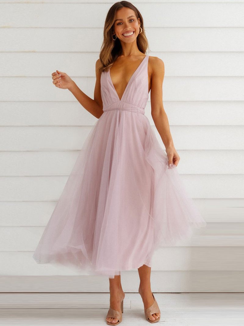 Robe Mi-longue Noire Sans Manches Pour Femmes Tulle Décolleté V Profond Robes Bal D'anniversaire - Rose