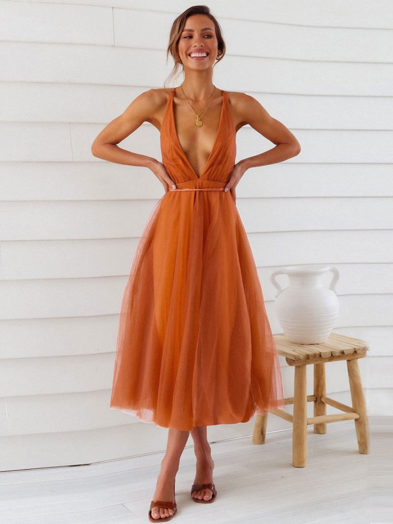 Robe Mi-longue Noire Sans Manches Pour Femmes Tulle Décolleté V Profond Robes Bal D'anniversaire - Orange