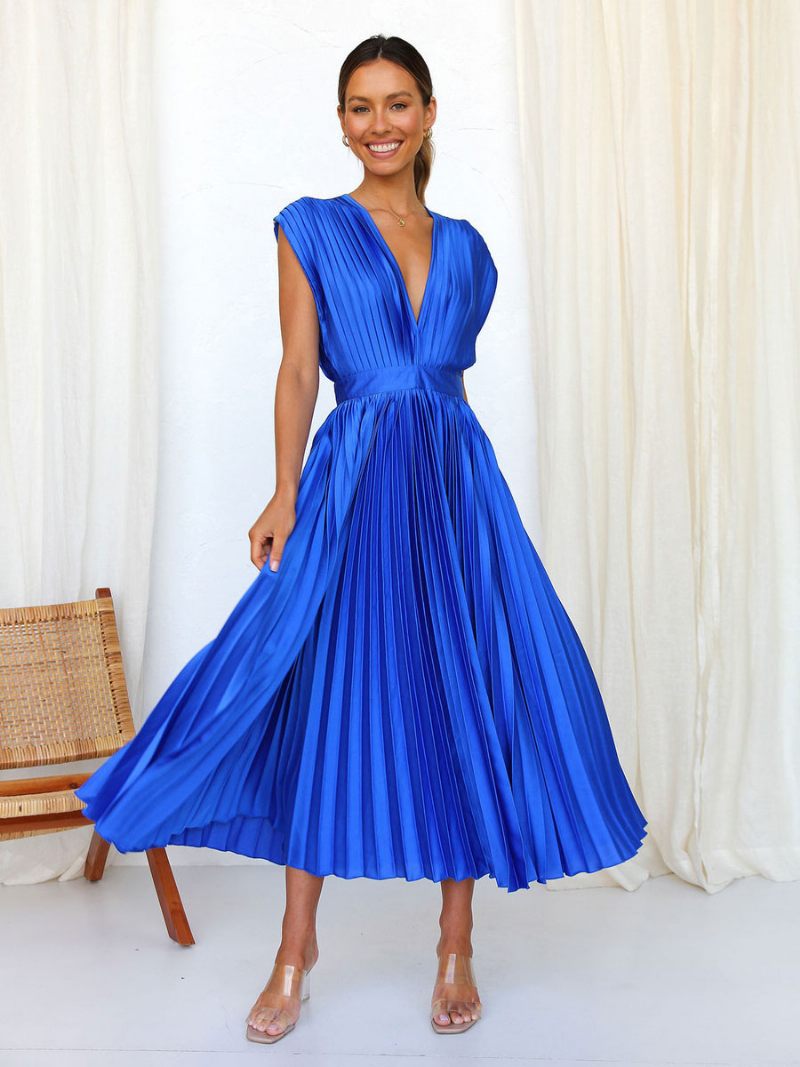 Robe Mi-longue Plissée Pour Femmes Col V Sans Manches Décontractée Surdimensionnée Bal Fête