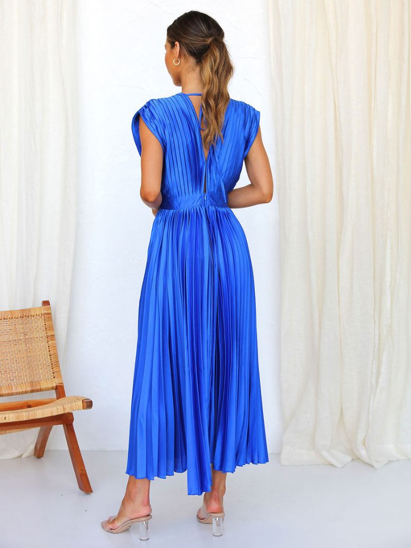 Robe Mi-longue Plissée Pour Femmes Col V Sans Manches Décontractée Surdimensionnée Bal Fête - Bleu