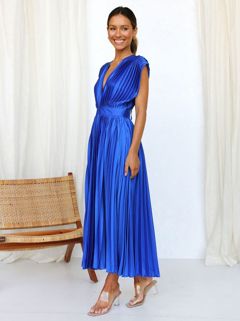 Robe Mi-longue Plissée Pour Femmes Col V Sans Manches Décontractée Surdimensionnée Bal Fête - Bleu