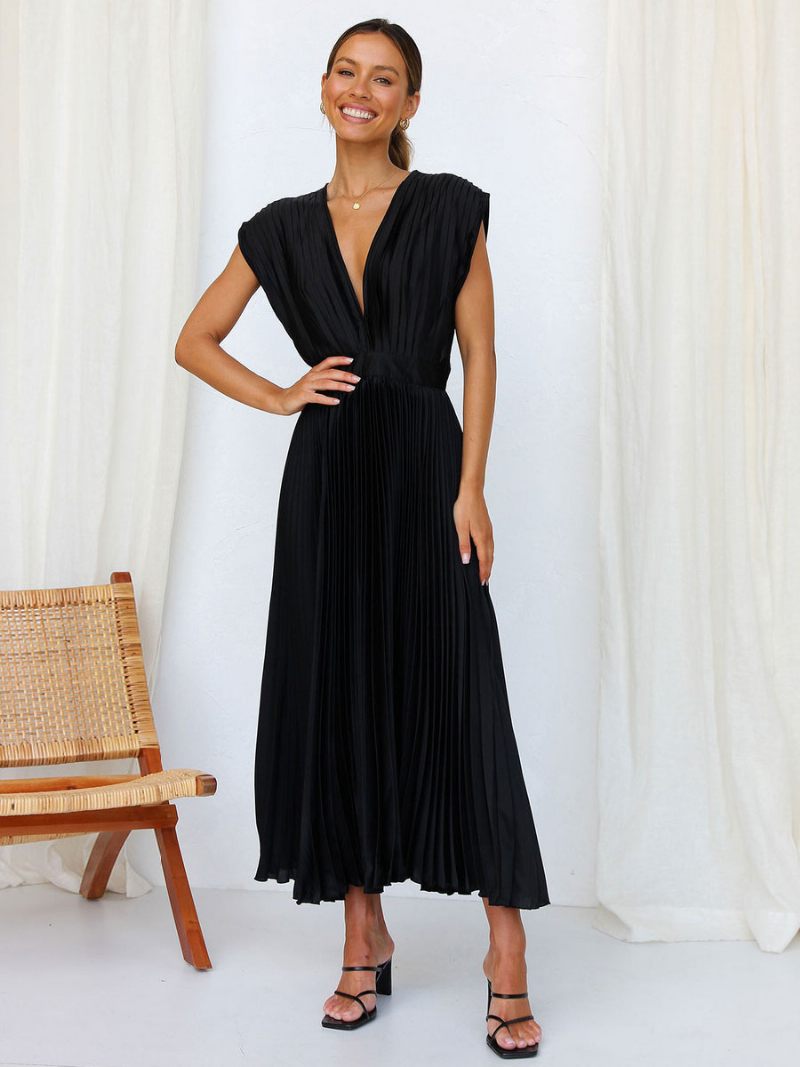 Robe Mi-longue Plissée Pour Femmes Col V Sans Manches Décontractée Surdimensionnée Bal Fête - Noir