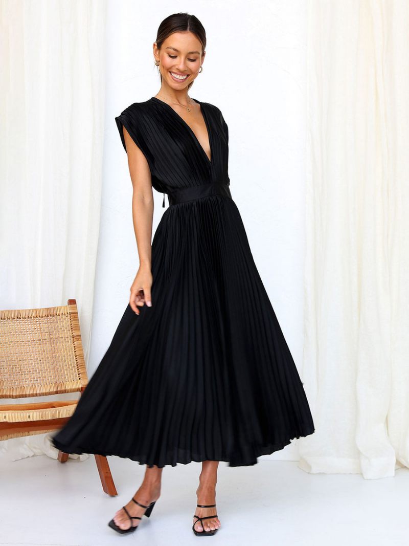 Robe Mi-longue Plissée Pour Femmes Col V Sans Manches Décontractée Surdimensionnée Bal Fête - Noir