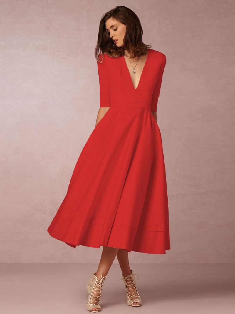 Robe Mi-longue Plongeante Pour Femmes Demi-manches Poches Robes Bal Trapèze - Rouge