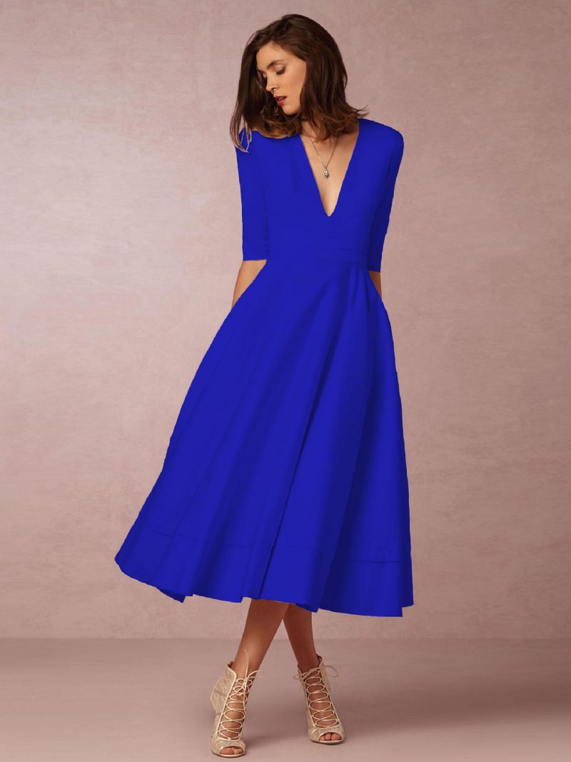 Robe Mi-longue Plongeante Pour Femmes Demi-manches Poches Robes Bal Trapèze - Bleu