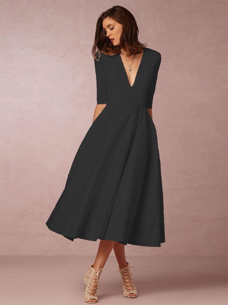 Robe Mi-longue Plongeante Pour Femmes Demi-manches Poches Robes Bal Trapèze - Noir