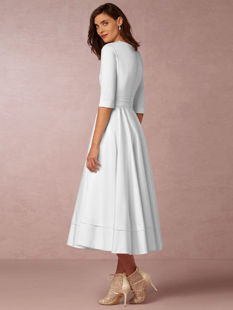 Robe Mi-longue Plongeante Pour Femmes Demi-manches Poches Robes Bal Trapèze - Blanc