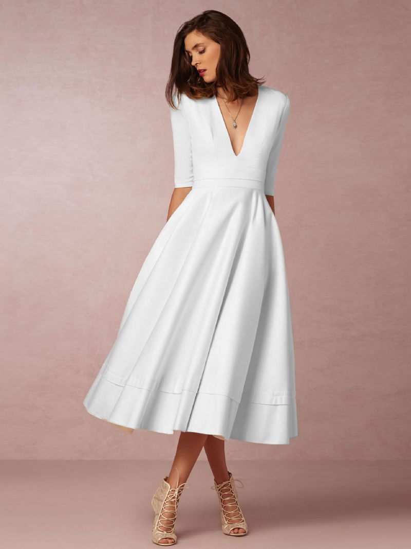 Robe Mi-longue Plongeante Pour Femmes Demi-manches Poches Robes Bal Trapèze - Blanc