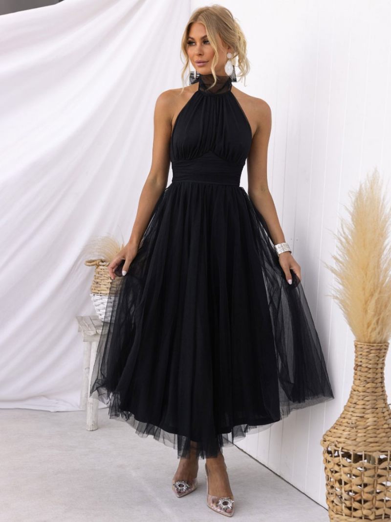 Robe Mi-longue Tulle Pour Femme Col Licou Plissé Taille Empire Dos Ouvert Robes Bal Élégantes