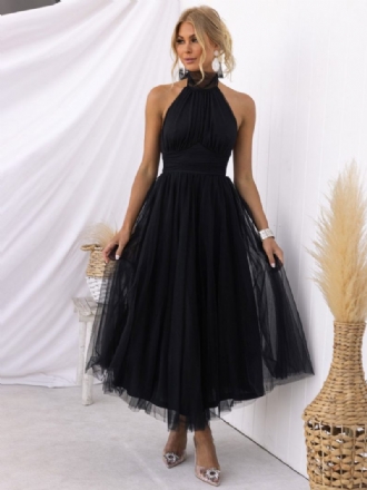 Robe Mi-longue Tulle Pour Femme Col Licou Plissé Taille Empire Dos Ouvert Robes Bal Élégantes