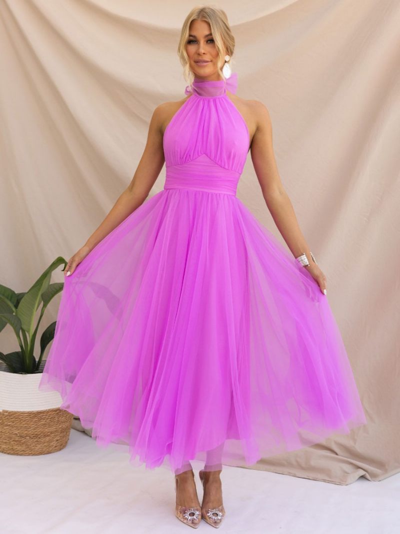 Robe Mi-longue Tulle Pour Femme Col Licou Plissé Taille Empire Dos Ouvert Robes Bal Élégantes - Violet