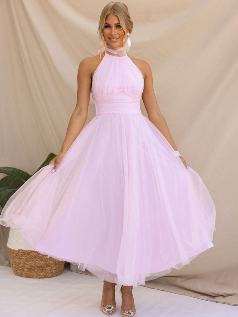 Robe Mi-longue Tulle Pour Femme Col Licou Plissé Taille Empire Dos Ouvert Robes Bal Élégantes - Rose