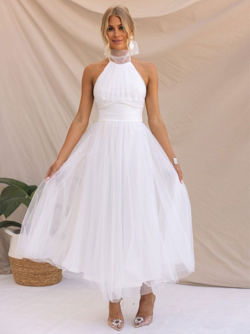 Robe Mi-longue Tulle Pour Femme Col Licou Plissé Taille Empire Dos Ouvert Robes Bal Élégantes - Blanc