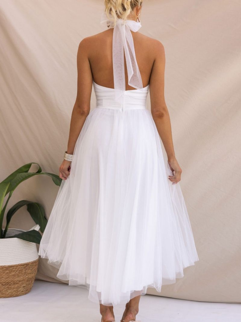 Robe Mi-longue Tulle Pour Femme Col Licou Plissé Taille Empire Dos Ouvert Robes Bal Élégantes - Blanc