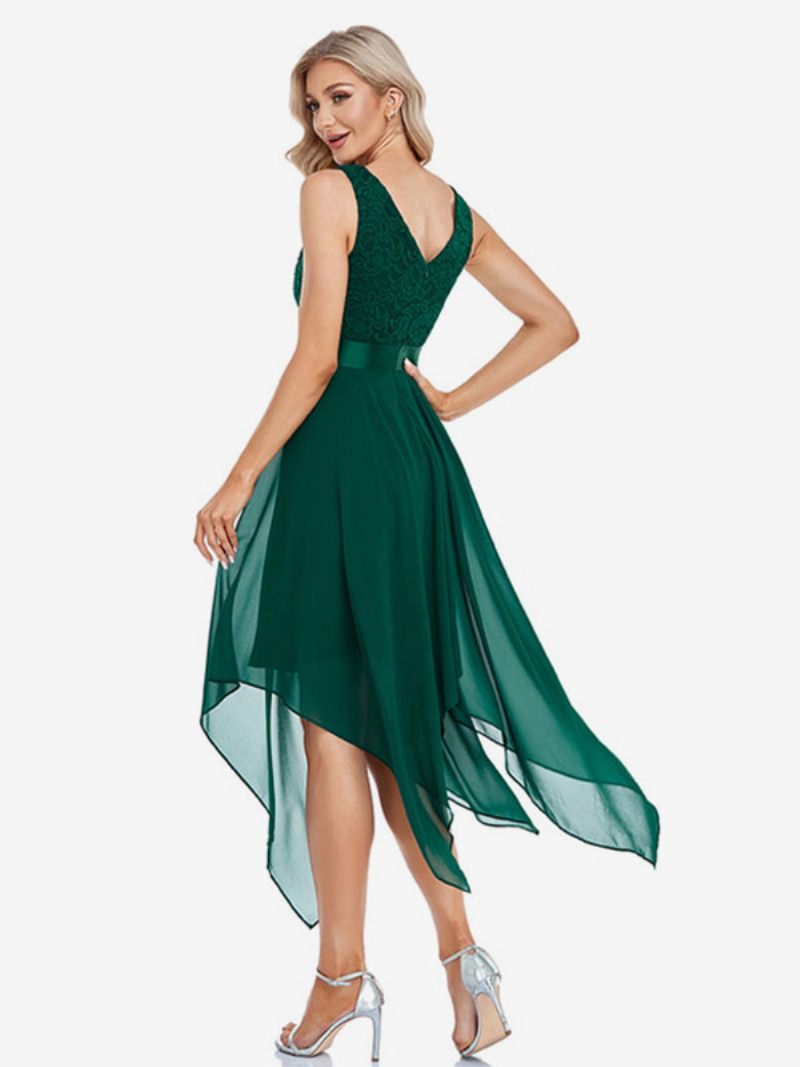 Robe Mouchoir Mi-longue Pour Femmes Col V Sans Manches Taille Avec Ruban Bal Irrégulière - Vert