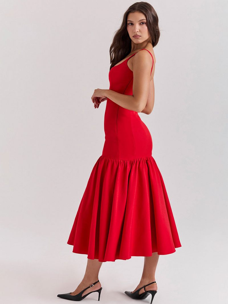 Robe Moulante Pour Femmes Col Carré Dos Nu Volants Robes Longues Soirée Bal - Rouge