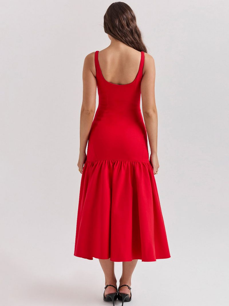 Robe Moulante Pour Femmes Col Carré Dos Nu Volants Robes Longues Soirée Bal - Rouge