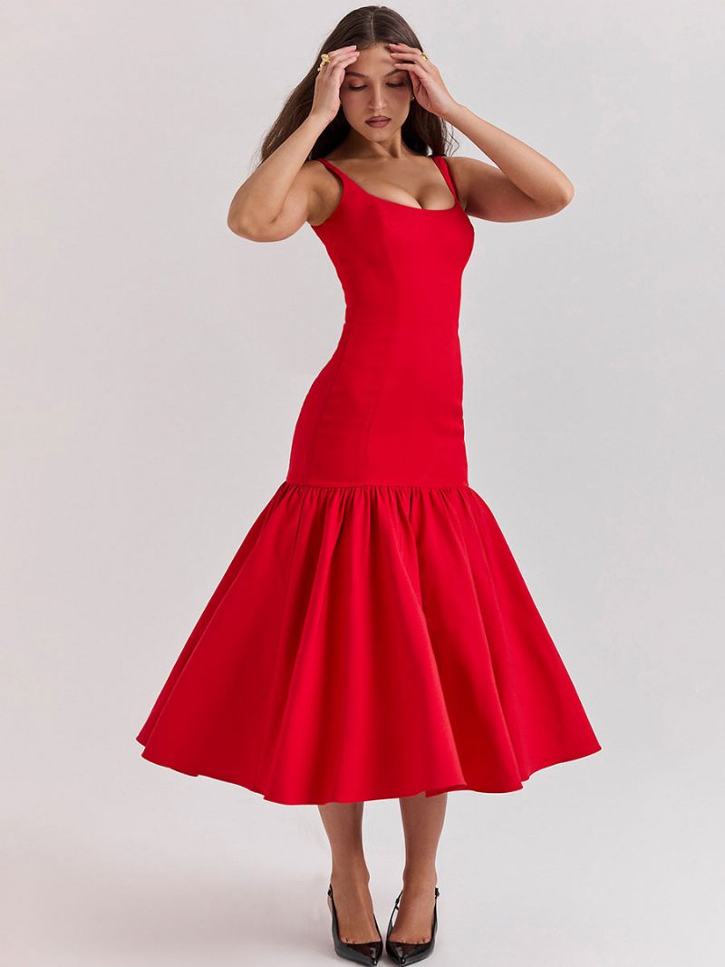 Robe Moulante Pour Femmes Col Carré Dos Nu Volants Robes Longues Soirée Bal - Rouge