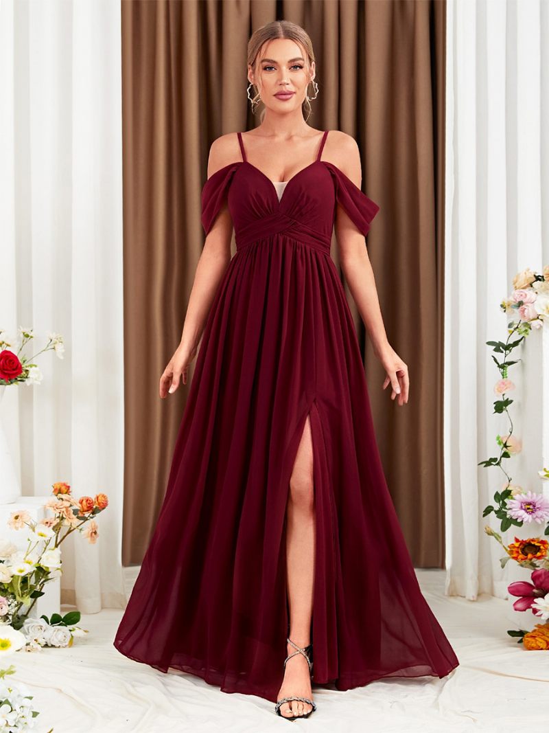 Robe Mousseline Soie Bordeaux Pour Femmes Épaules Dénudées Croisée Fente Haute Robes Longues Bal