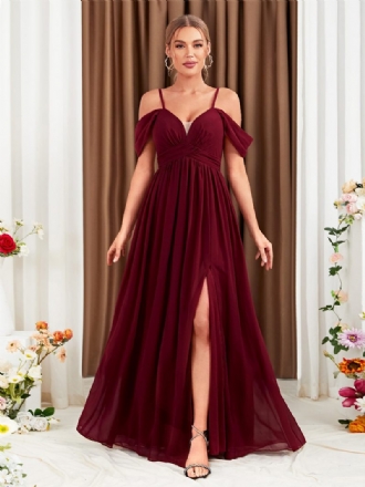 Robe Mousseline Soie Bordeaux Pour Femmes Épaules Dénudées Croisée Fente Haute Robes Longues Bal